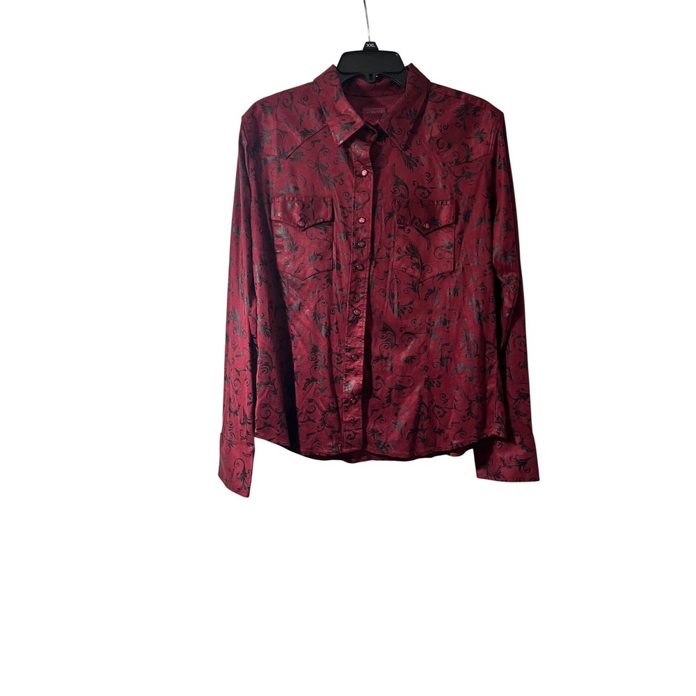 Winster Woman Burgundy Filigree Western Pearl Snap Shirt XL Red Black Scroll‎